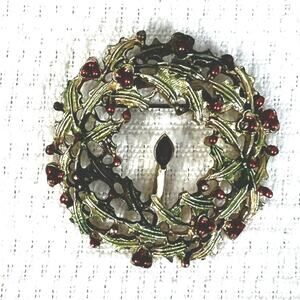 Christmas Pin Brooch Holly Wreath Candle Gold Red Vintage Costume Jewelry Party